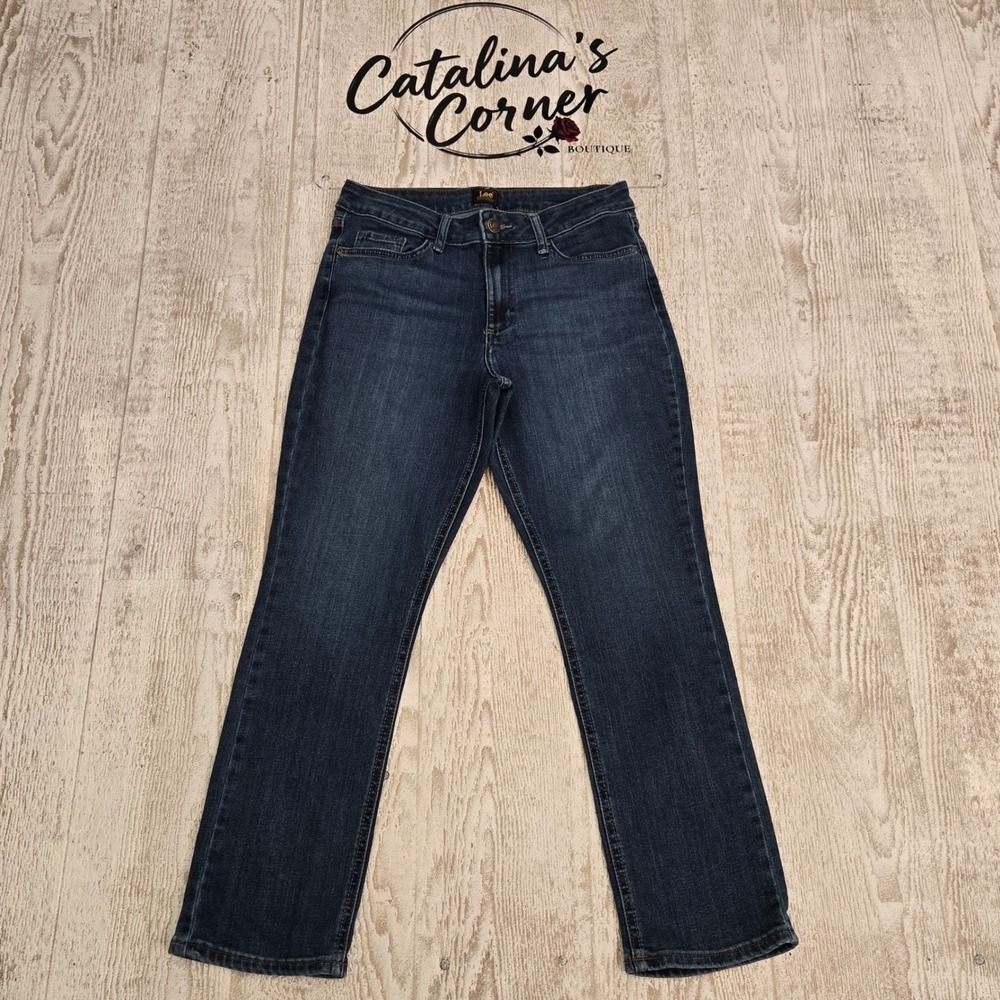 Lee Women Mid Rise Straight Leg Jeans Dark Wash Denim Retro Classic Jeans Size 2